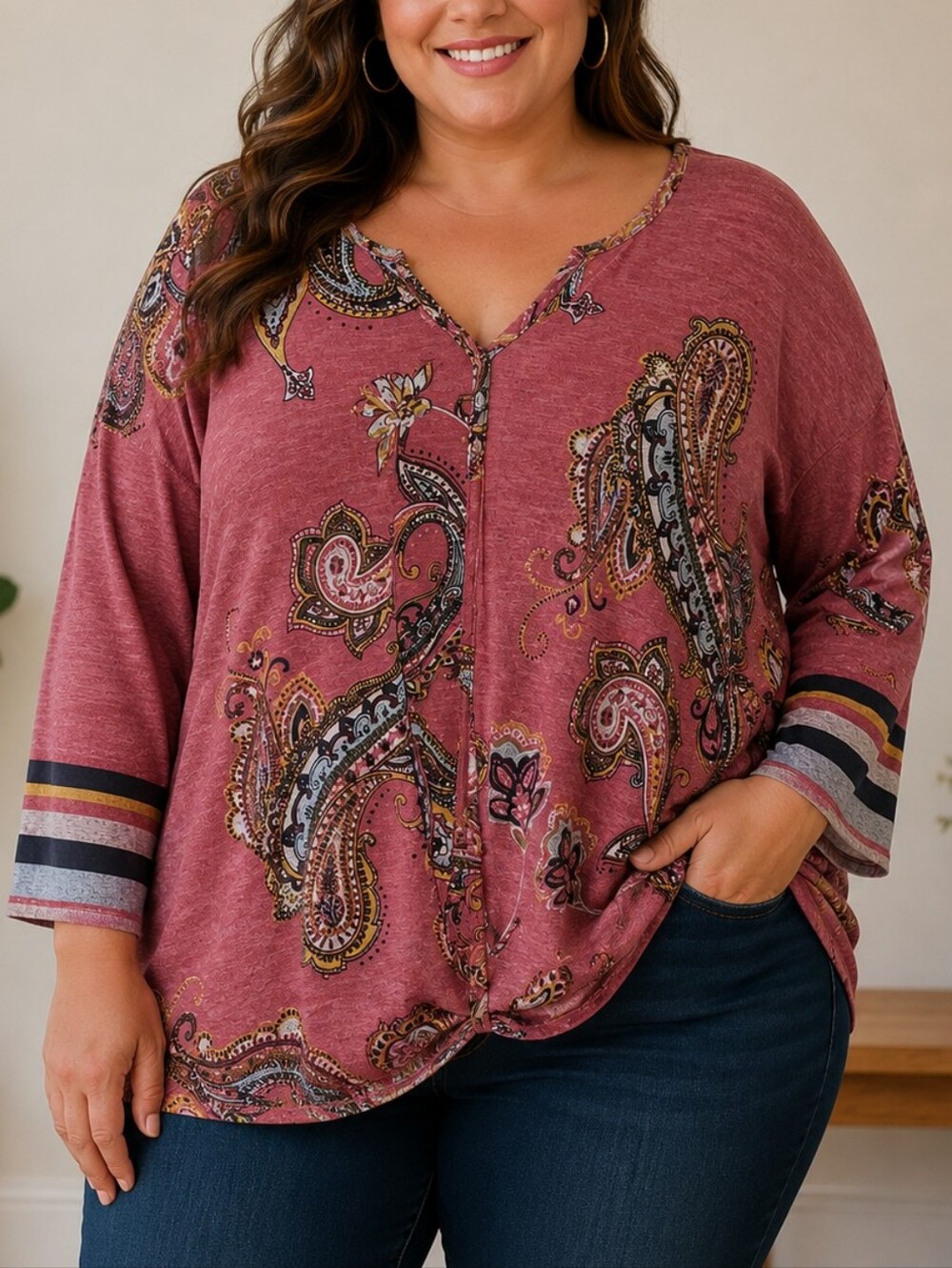 Paisley V-Neck Knit Top in Dusty Rose Size XL